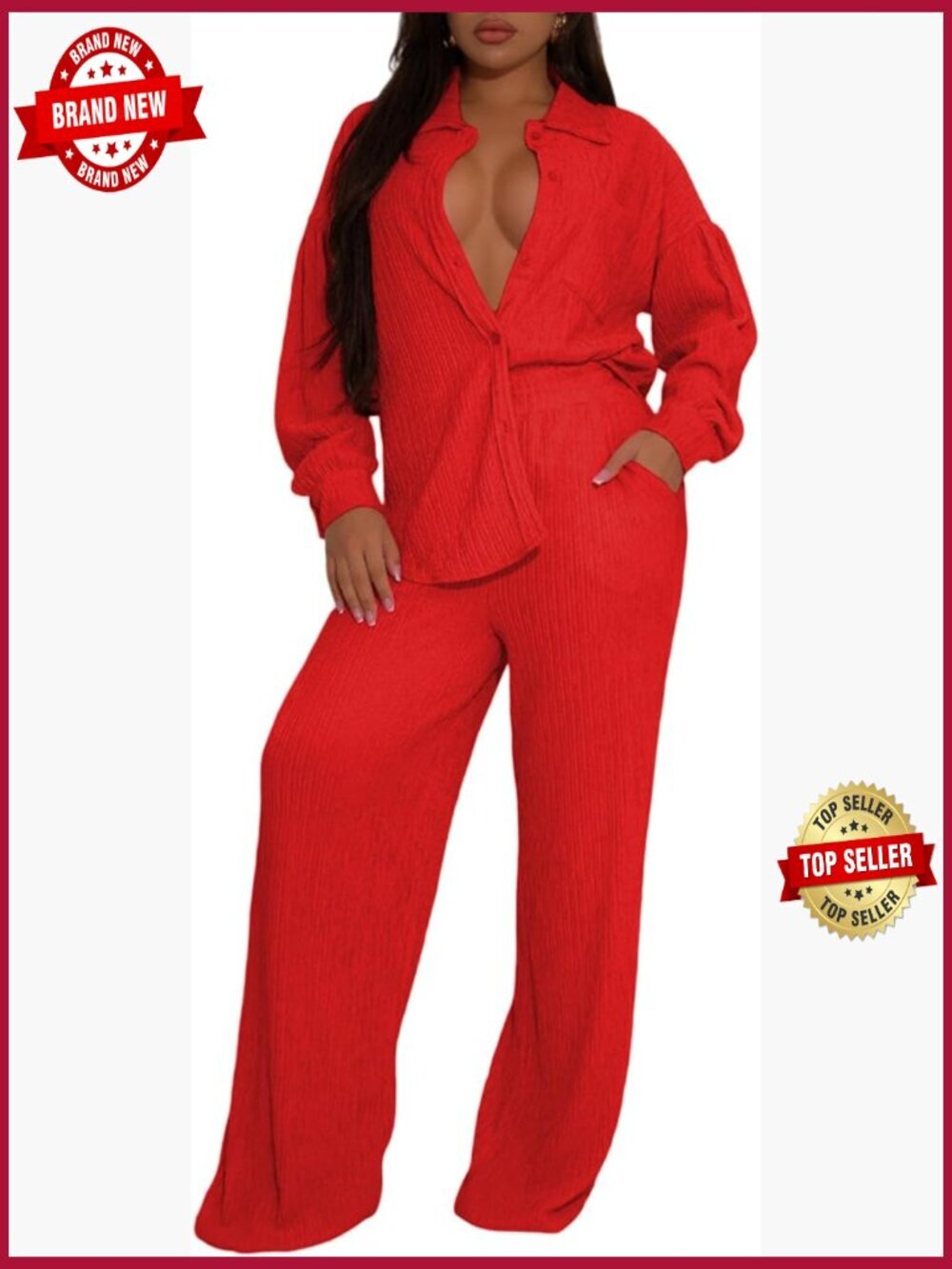 2 Piece Pleated Long Sleeve Button Down Shirt Wide Leg Pants Set